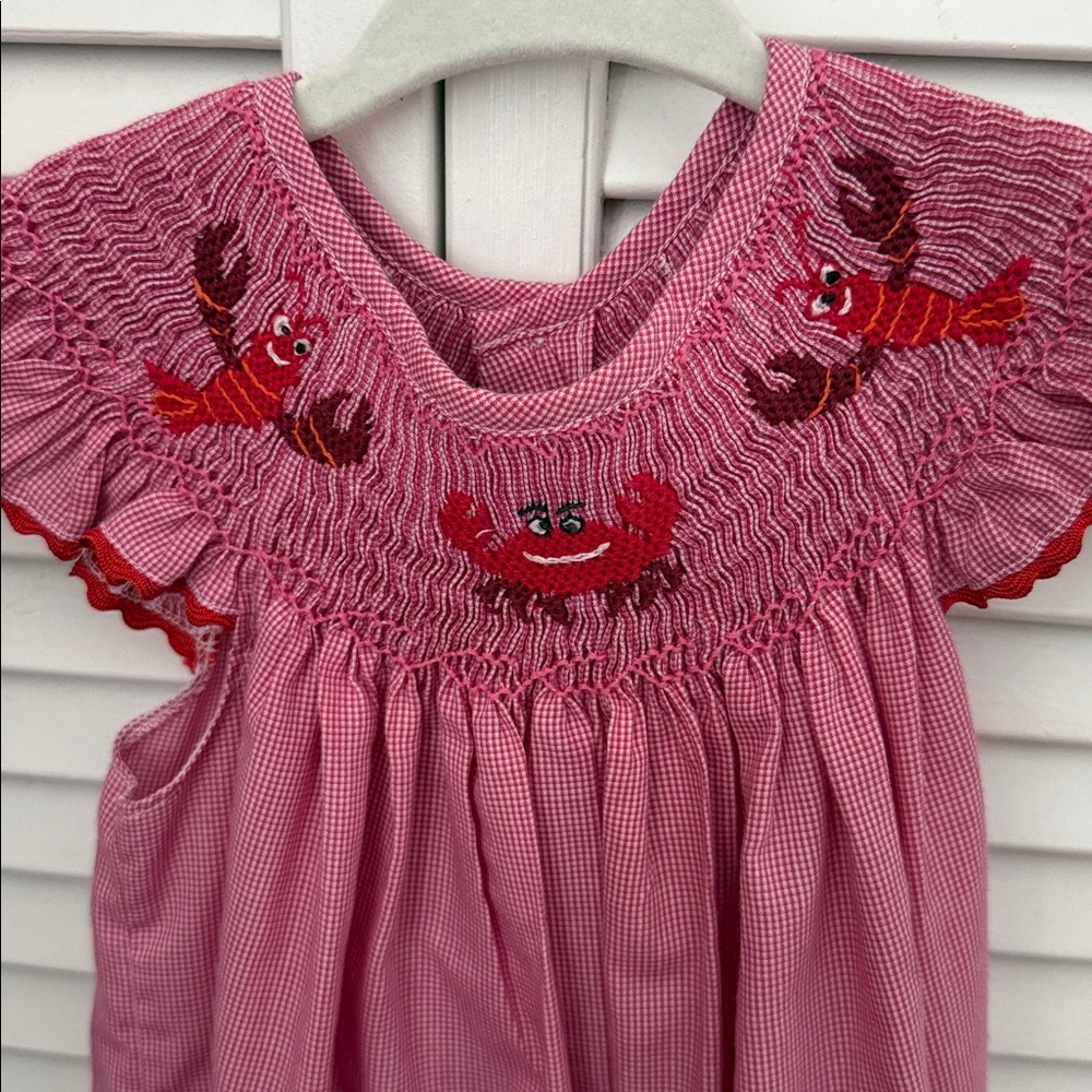 Red Crab Smocked Dress with Embroidered Details